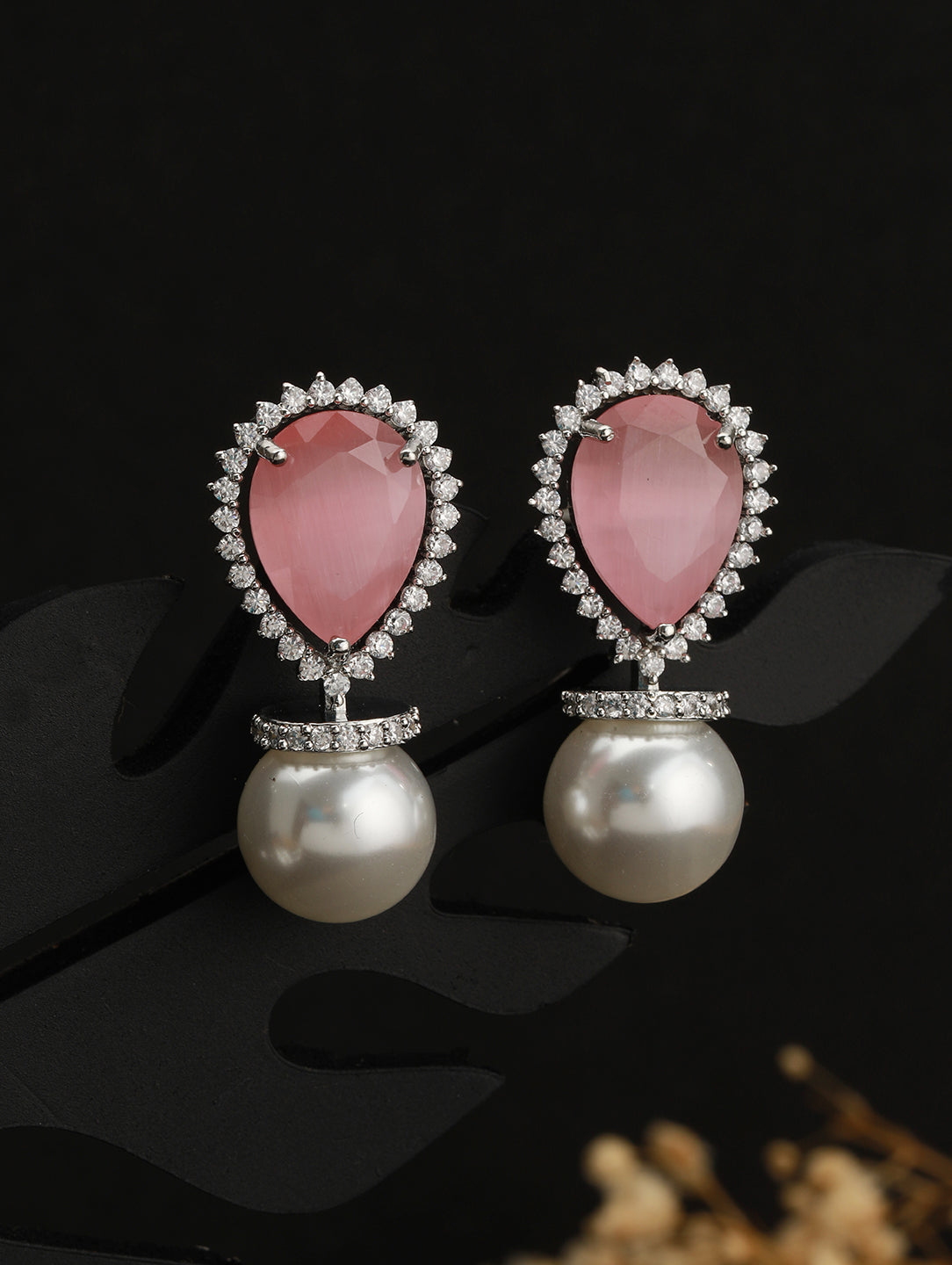 White Rhodium Pearl Beaded Pink AD Studded Luxe Minimal